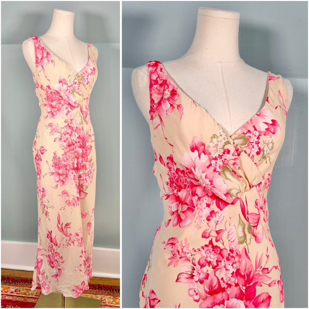 Vintage 2000s Bias Cut Dress Whimsical Fairy Pink Floral Romantic Small Medium